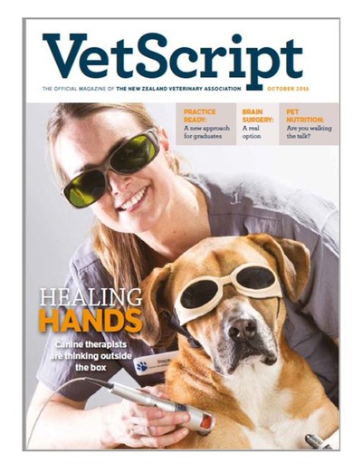 Stephanie and Diesel on the front cover of Vet Script magazine. Vet Script is a New Zealand Veterinary Members only magazine. 